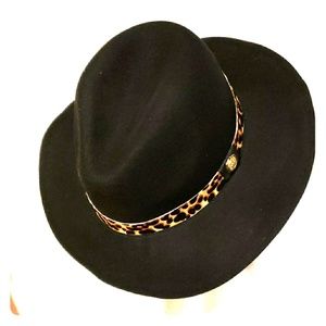 Vince Camuto Black Felt Fedora Leopard Trim